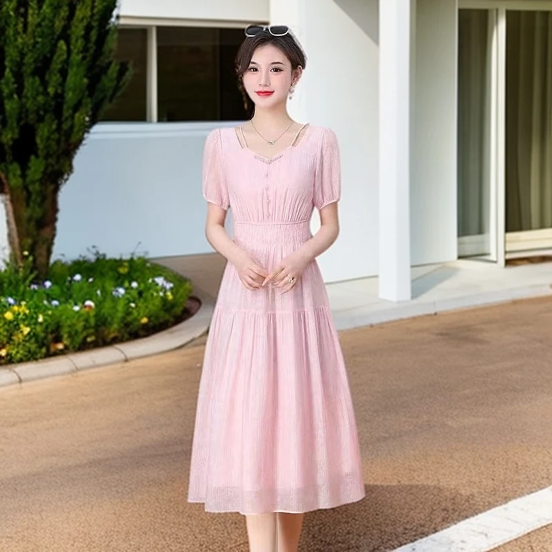 6242#粉【木兮兮专属】2025年夏季新款气质简约显瘦百搭时尚连衣裙