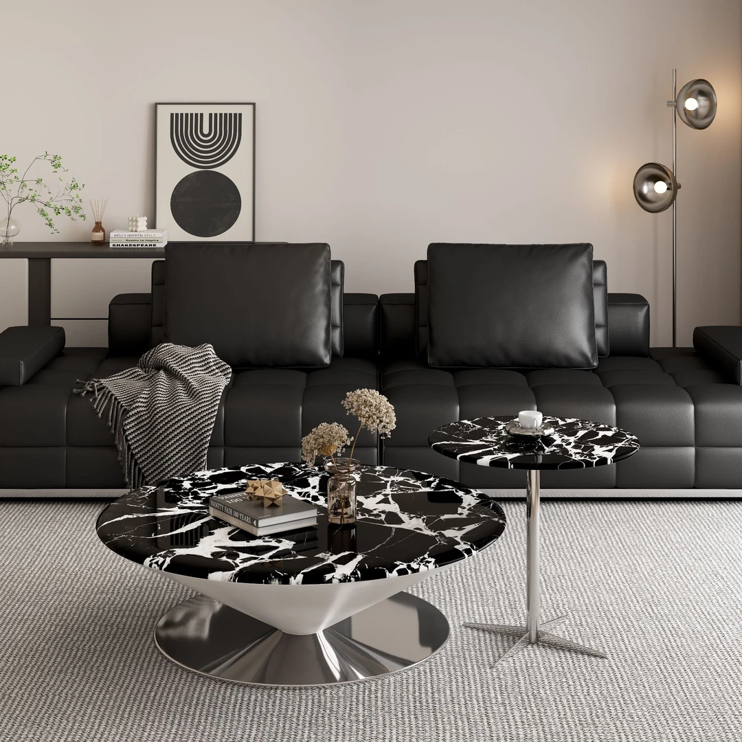 意式轻奢不锈钢客户小户型宝格丽大理石圆形飞碟茶几组合