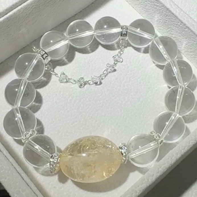 【大颗原石蛋】12mm全透体白水晶 黄阿赛大原石蛋 水晶手串