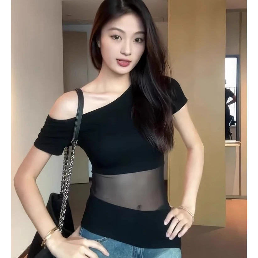 韩系辣妹斜肩网纱拼接t恤女夏季新款设计感修身显瘦别致上衣