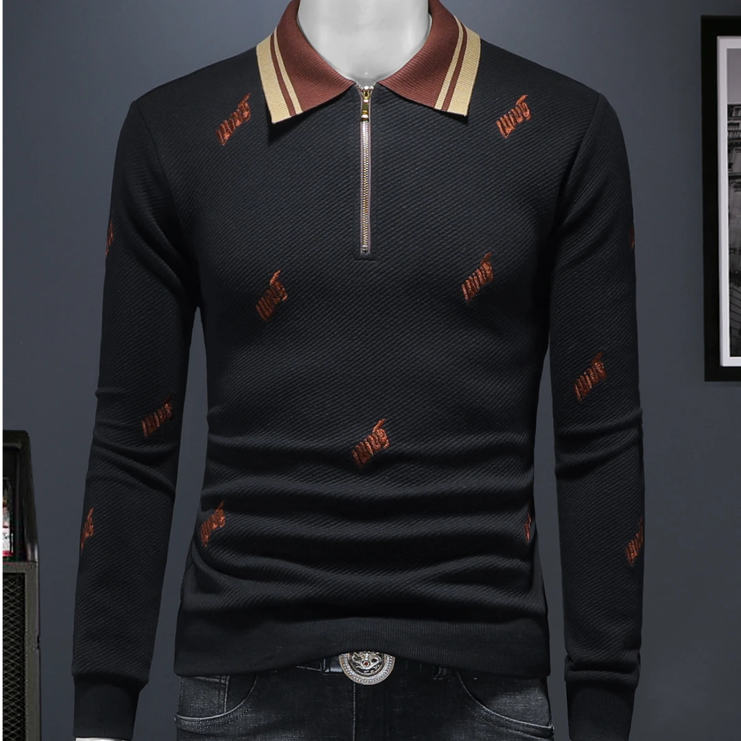 新款男士长袖T恤商务休闲中年翻领刺绣半拉链棉质男士polo衫