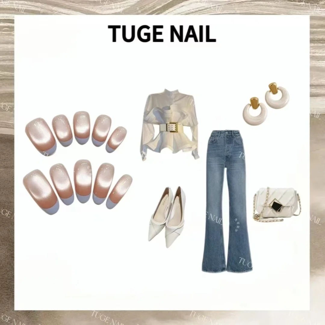 TugeNail “海雾晨曦”春夏显白法式猫眼纯欲手工椭圆穿戴甲1166
