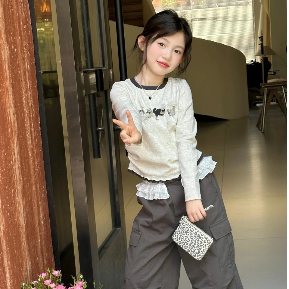 2025秋装新款辣妹修身蕾丝边女童长袖T恤T25222