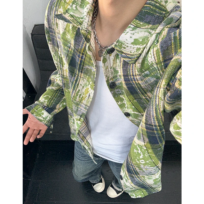 vintage绿色扎染格子衬衫男款美式复古情侣长袖衬衣外套叠穿上衣