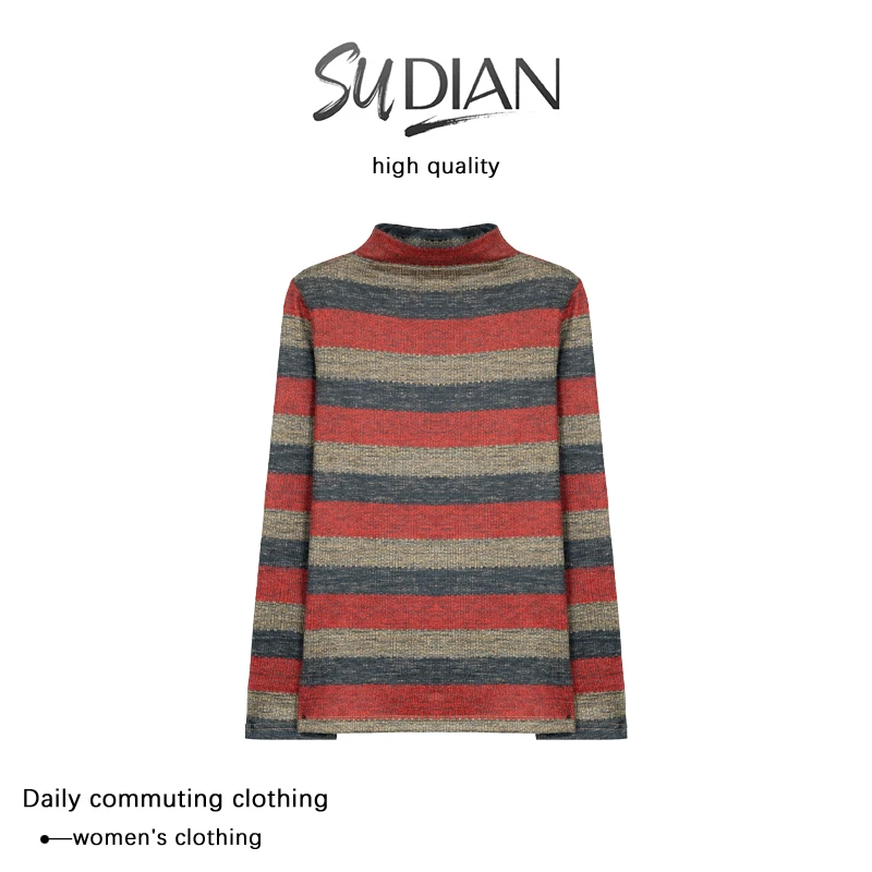 新款彩条慢旅显瘦遮肉微胖女装长袖堆堆领打底衫Q25CD2447