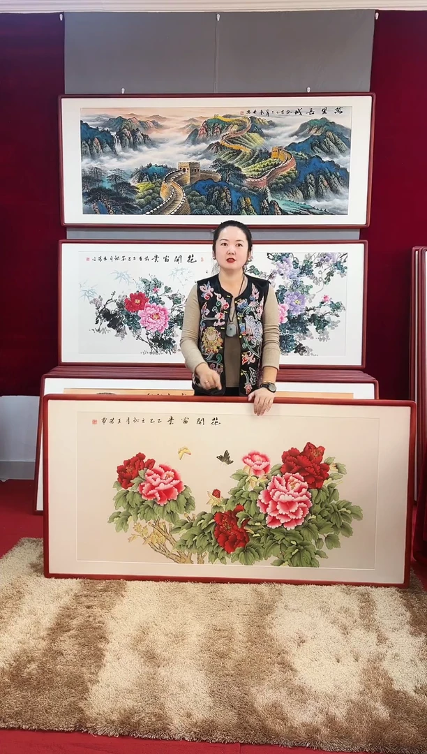 国画手绘牡丹163*83尺寸