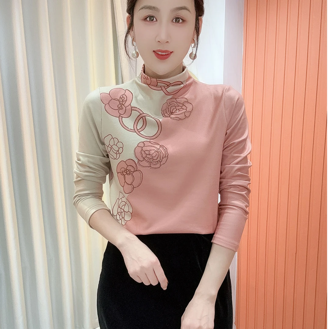2025冬季新款半高领印花气质百搭长袖减龄加绒打底衫上衣女788