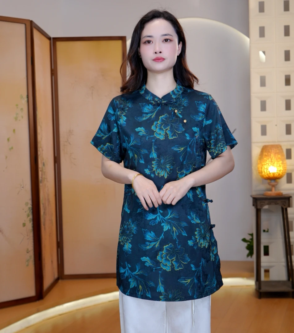 青蓝印花斜襟立领中长奥黛新款夏季短袖小衫-13