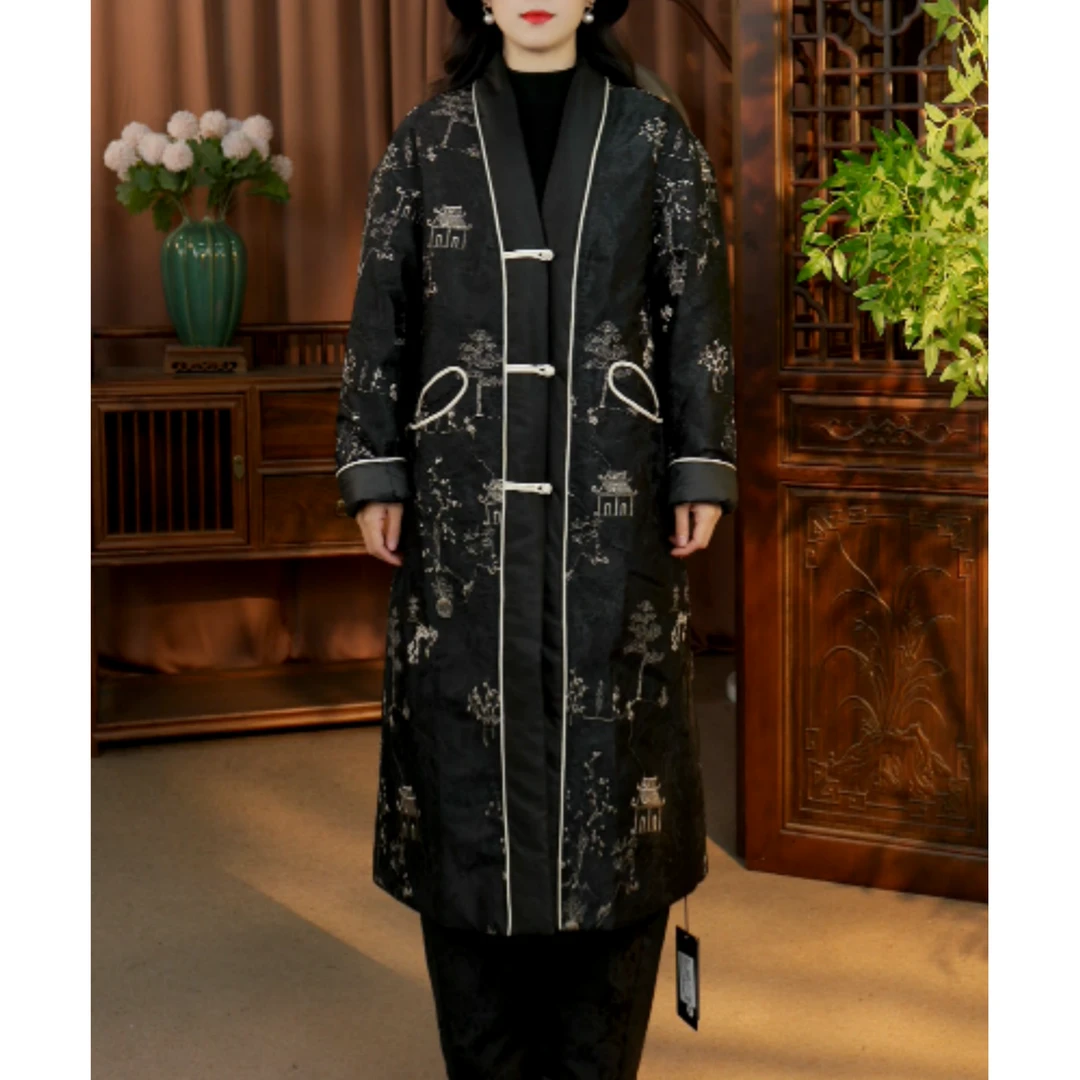 冬季新款时尚新中式国风复古宽松黑色白鹅绒长款鹅绒服5037