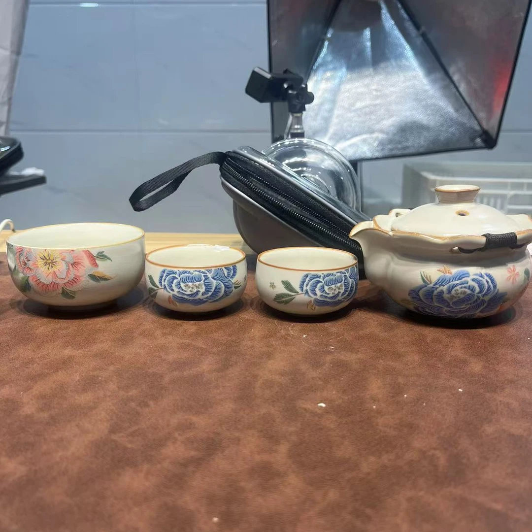 C264牡丹花汝窑功夫便携式户外套装旅行茶具客杯露营一壶陶瓷三杯