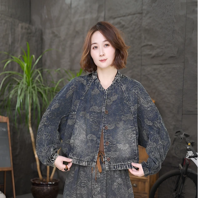 【亭台楼阁】提花翻领长袖短款女蝙蝠袖短外套休闲上衣设计师牛仔