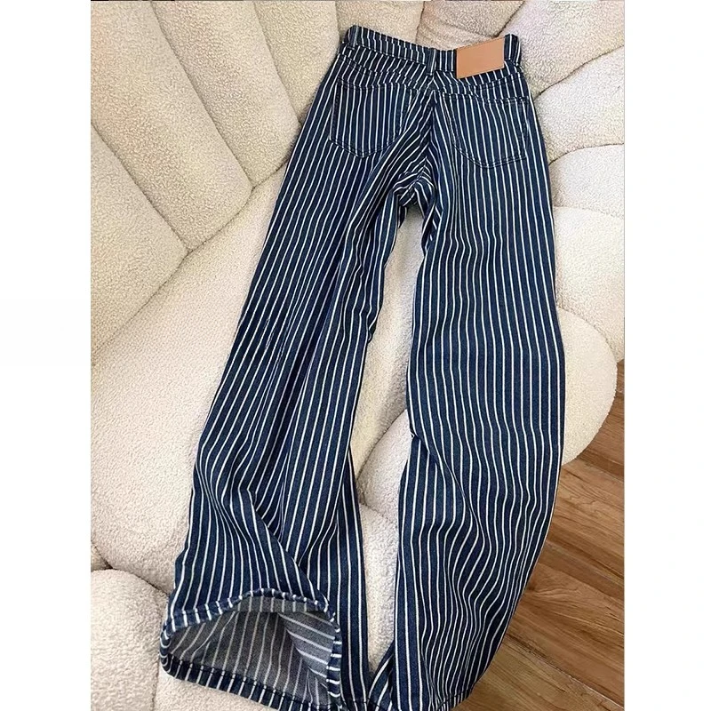 高个子加长复古深蓝条纹裤子女春季新款阔腿牛仔裤美式休闲裤垂感