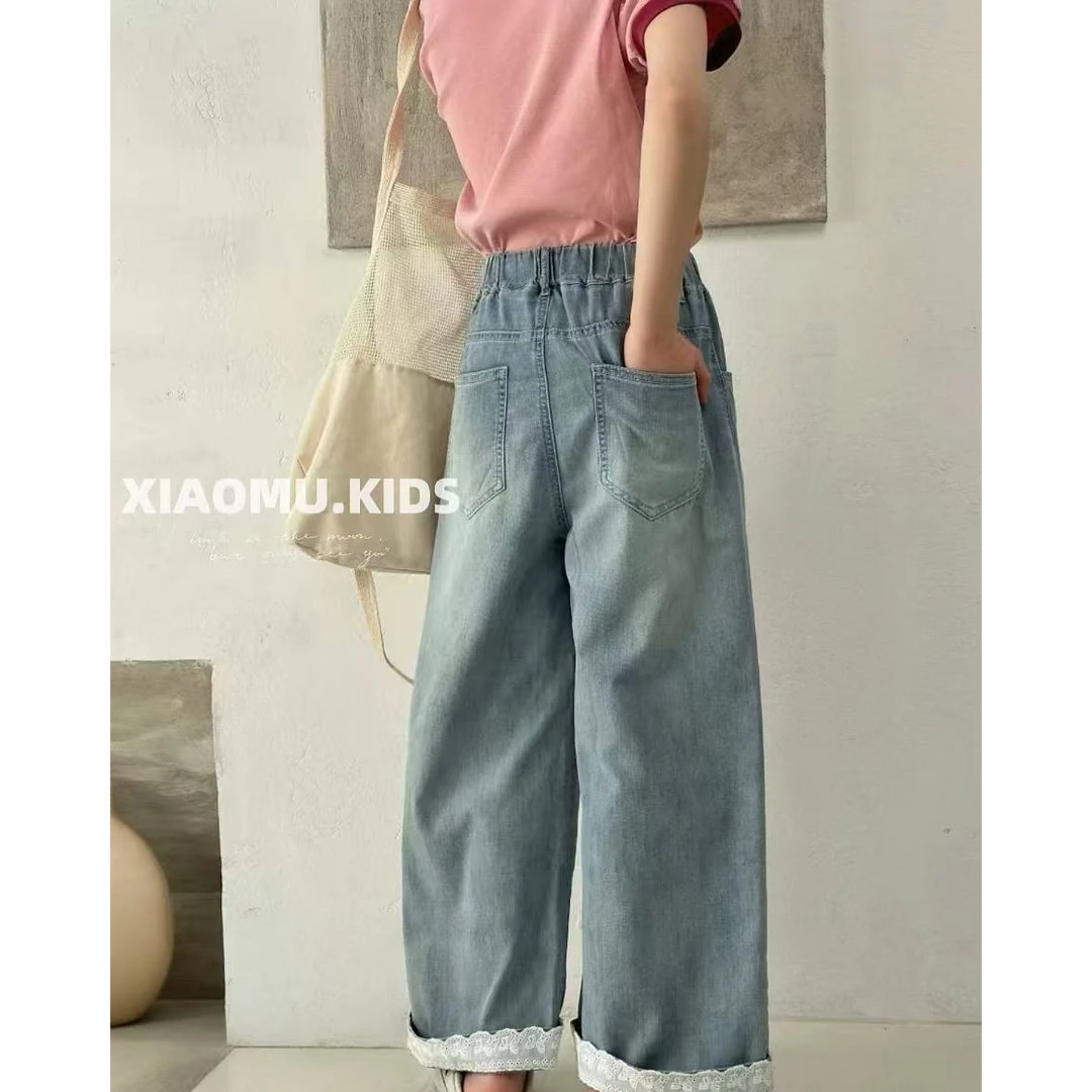 【小慕家】2025夏儿童中大童超薄蕾丝款休闲百搭潮流时尚牛仔裤3859