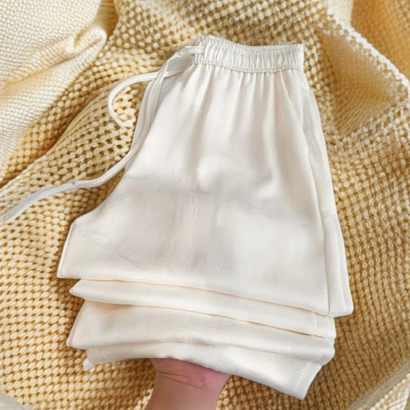 新中式新款网红爆款竹叶桑蚕丝压花冠乐皱女长裤裤子女裤时尚宽松