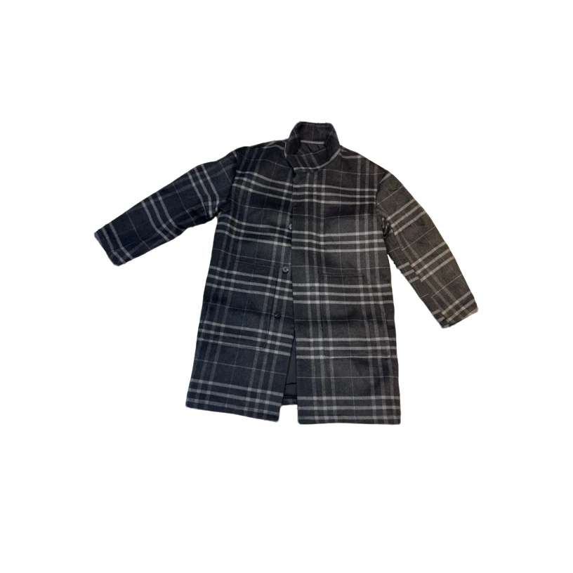 HZQ气质立领灰格羊毛大衣。