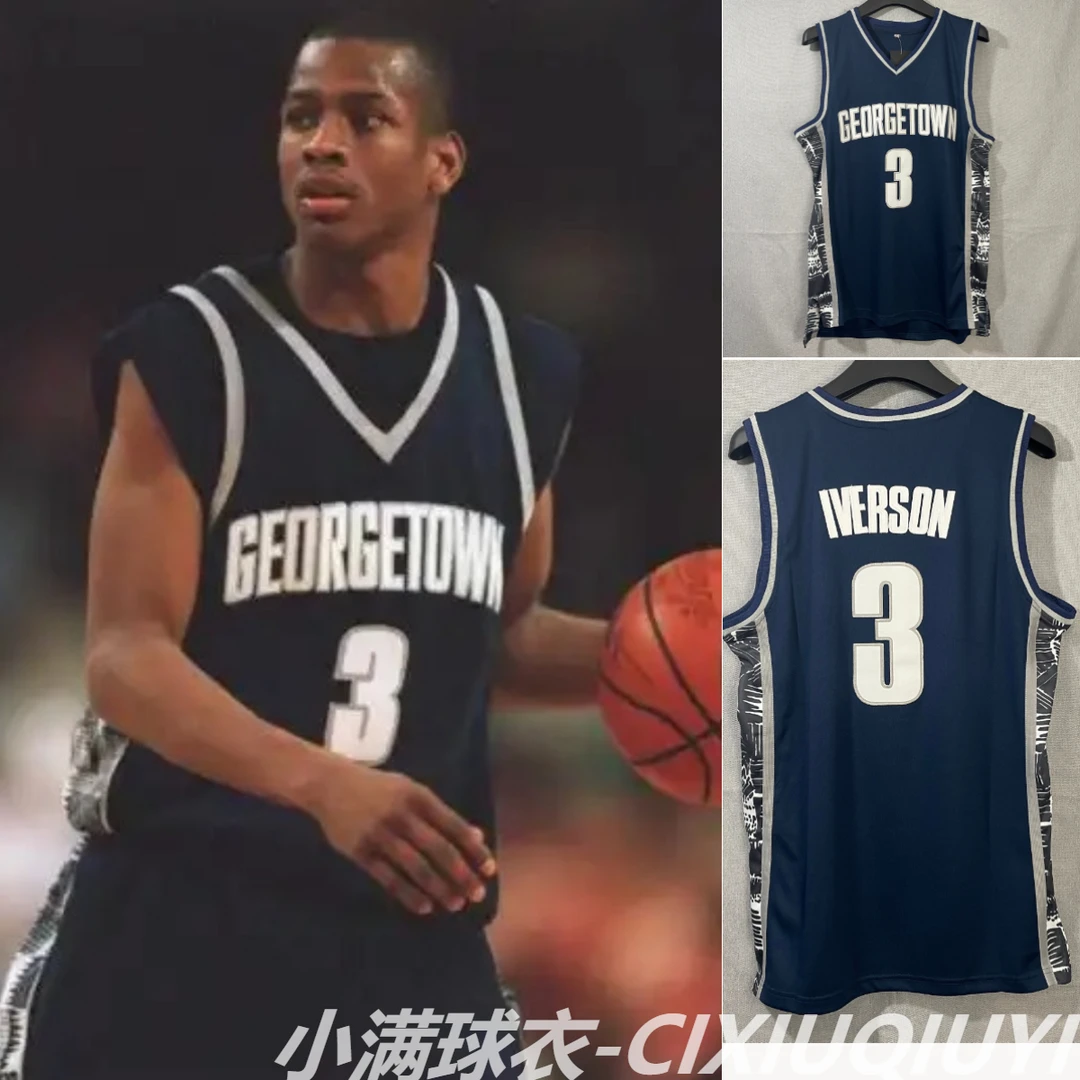 艾弗森大学3号球衣夏日篮球服刺绣男士运动蓝色针织黑色复古无袖