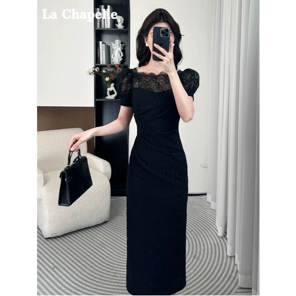 显瘦蕾丝夏季拼接连衣裙包臀黑色中长裙A47235