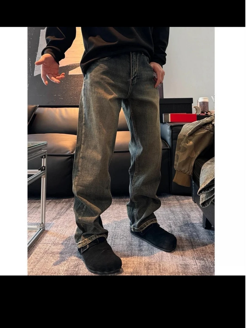 长裤做旧秋冬水洗牛仔裤黑色秋季裤子宽松直筒阔腿裤百搭美式复古
