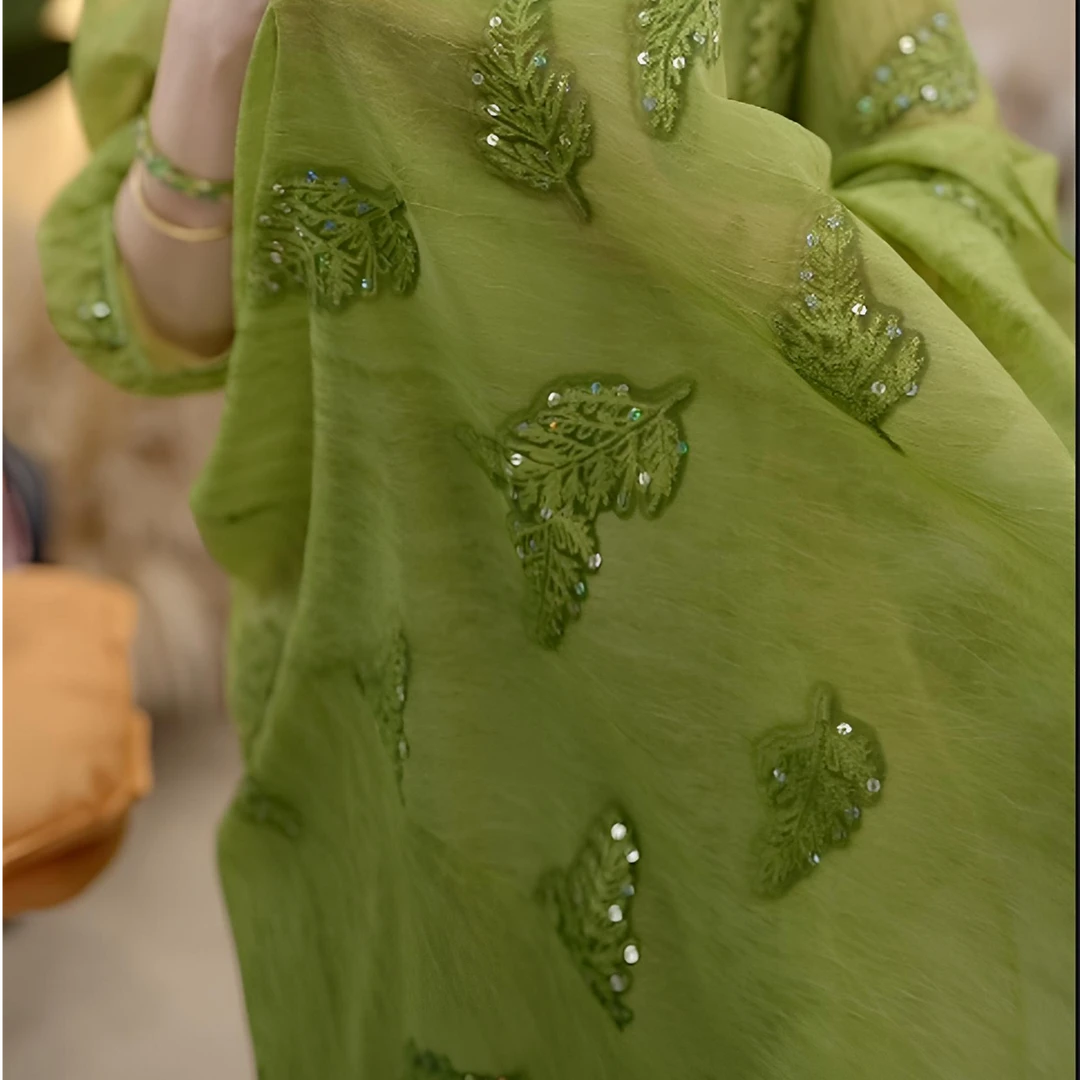 【茜茜】【618特惠】2025新款时尚气质百搭设计感绿色树叶连衣裙