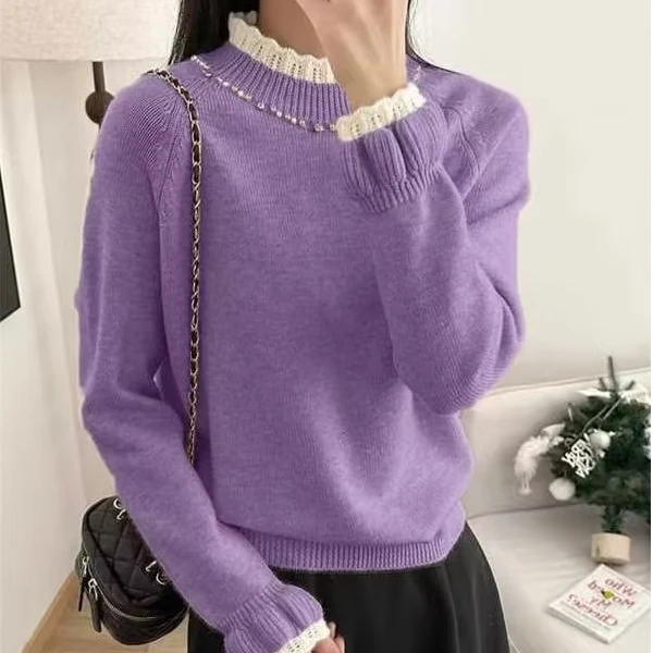 086甜美蕾丝花边半高领重工钉珠针织打底衫新款减龄毛衣女款内搭