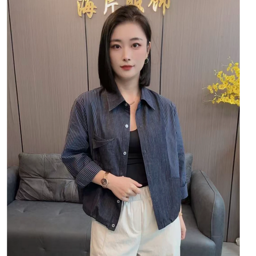 【海片】5273女士休闲时尚秋款拼接牛仔翻领衬衫百搭条纹长袖