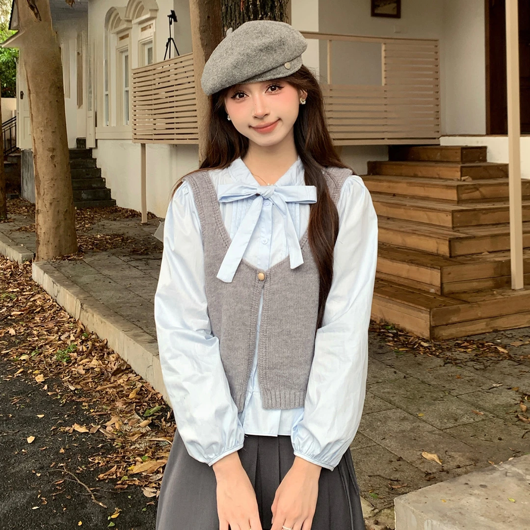 慕兔学院风蝴蝶结长袖衬衫女新款针织背心马甲两件套