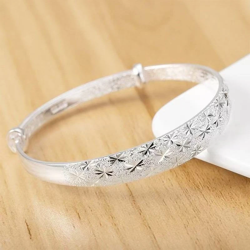 足银手镯 999银手镯宽面满天星推拉手镯时尚轻奢 不带盒子 XC