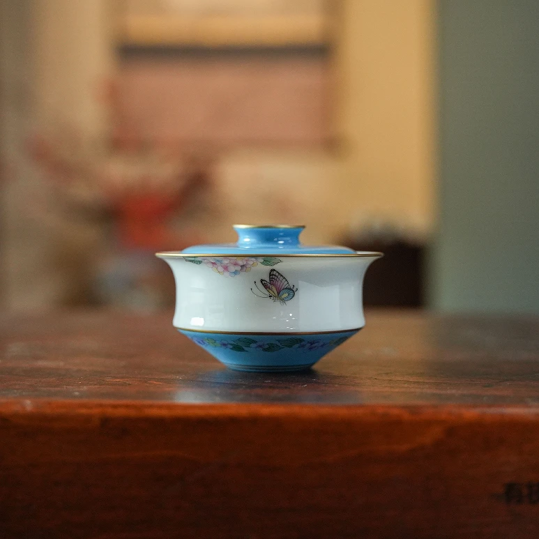海空蓝万花蝴蝶盖碗（华隐S1214）