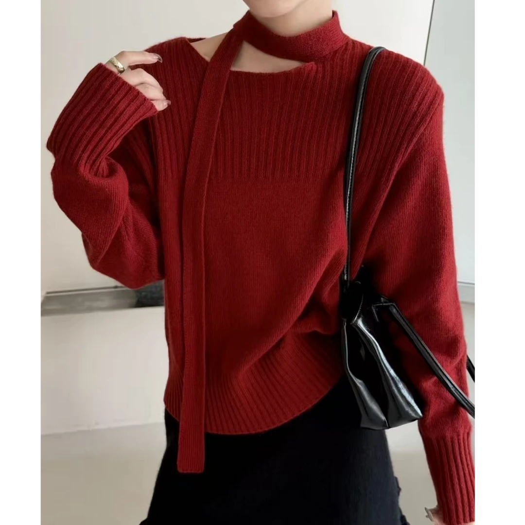 花倾慕斜肩飘带毛衣氛围感露肩甜美毛织上衣