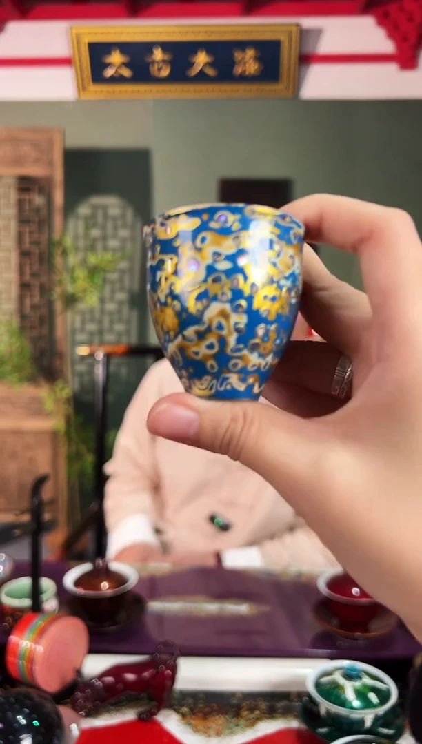 蓝金螺钿一口杯-太古大漆