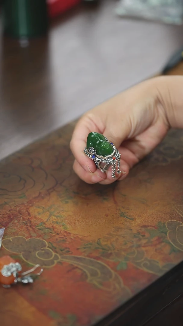 【闪购商品】和田玉戒指银S925镶嵌碧玉貔貅@@j234