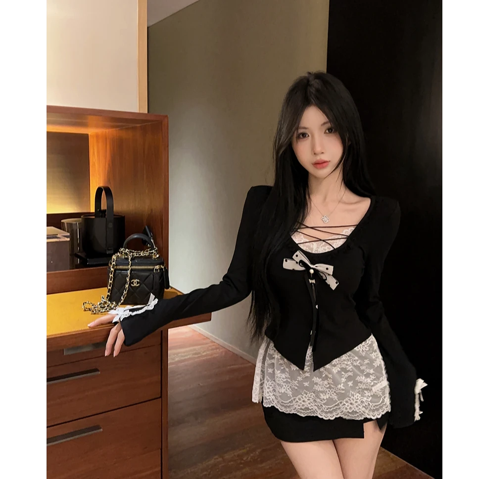 甜辣假两件蕾丝拼接T恤女秋季纯欲蝴蝶结修身上衣配半身裙两件套