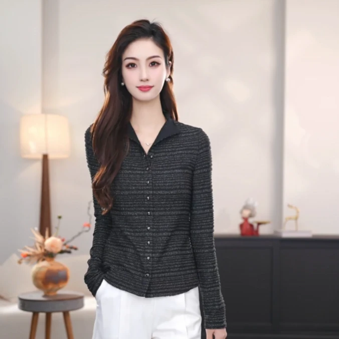 AMASS/阿玛施夏季新款纯色V领拼接女长袖修身气质复古5301016