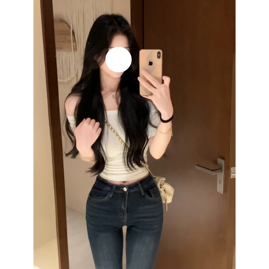 【两色韩漫T】纯欲性感一字肩露肩中袖弹力修身显瘦弹力百搭上衣女