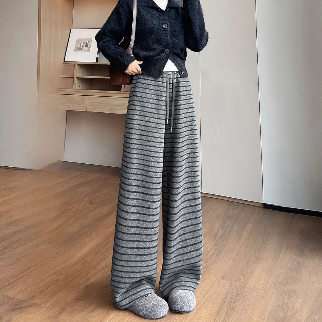 窄版加绒香蕉条纹裤女2025新款冬季加厚直筒宽松休闲弯刀阔腿裤子