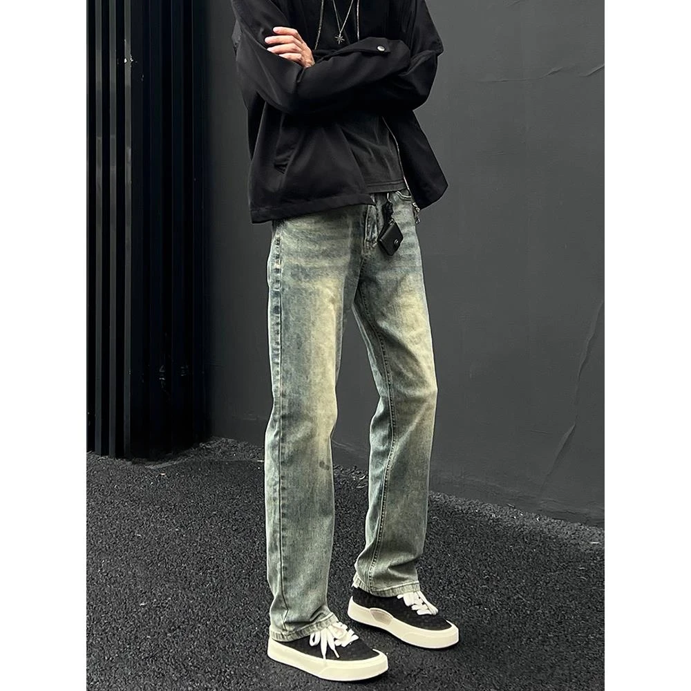 秋冬新款复古做旧牛仔裤男士痞帅潮流欧美高街小众直筒宽松长裤子