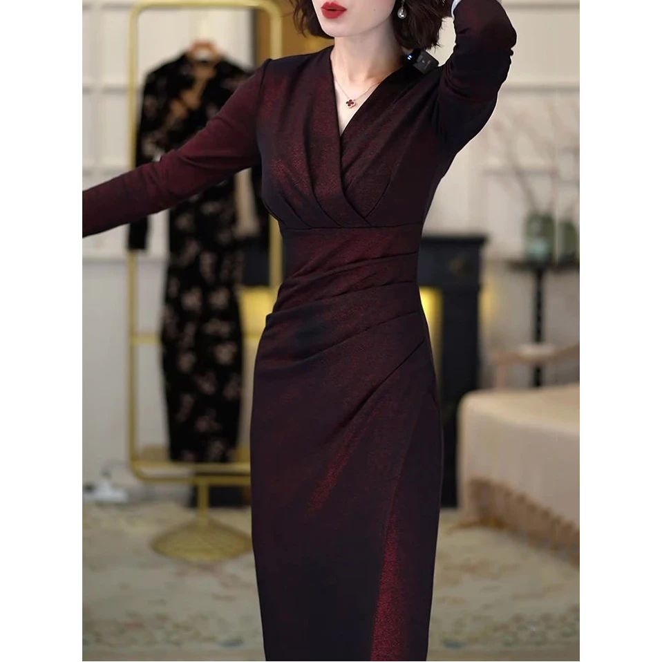 新中式复古改良旗袍连衣裙2025春秋新款优雅修身显瘦中长款包臀裙