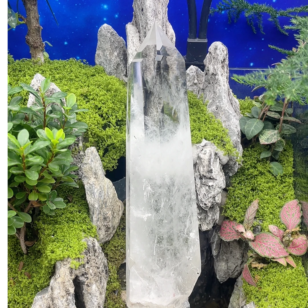 天然白水晶柱原石打磨能量石单尖柱摆件