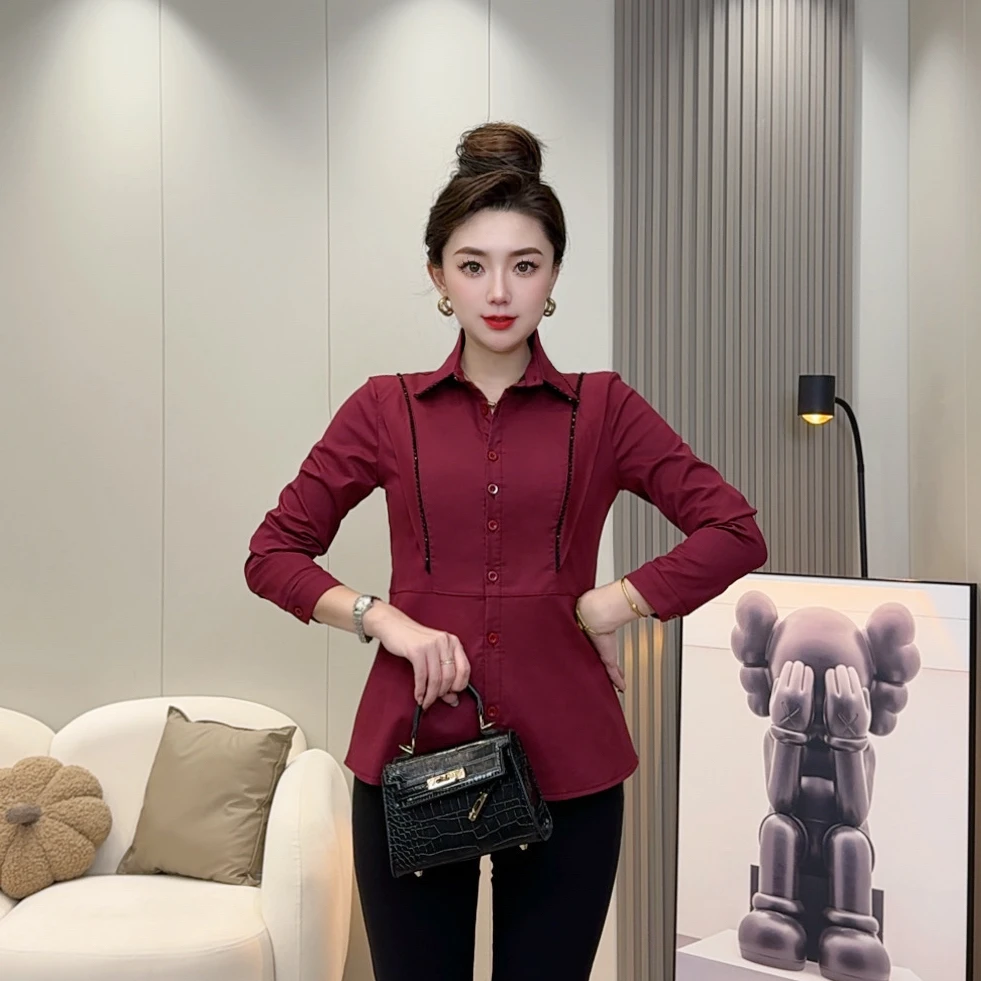 【加绒保暖】X6077新款加绒保暖修身显瘦手工串珠洋气长袖衬衫