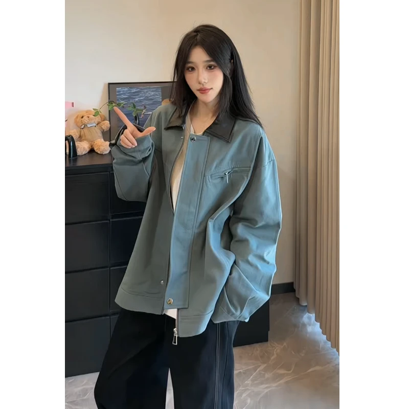 匡虎美式拼色领底特律夹克男女秋季宽松休闲翻领飞行员外套棒球服