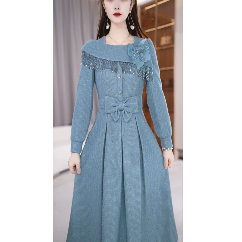 【连衣裙】设计感方领气质收腰显瘦中长款连衣裙M-4XL