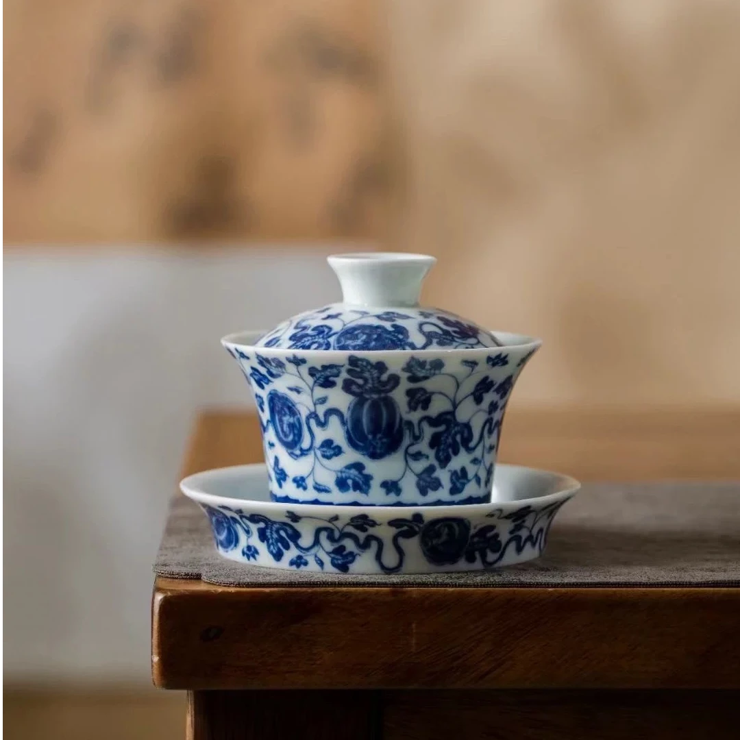 卷草纹青花盖碗茶杯大容量陶瓷三才盖碗家用高端防烫手泡茶碗