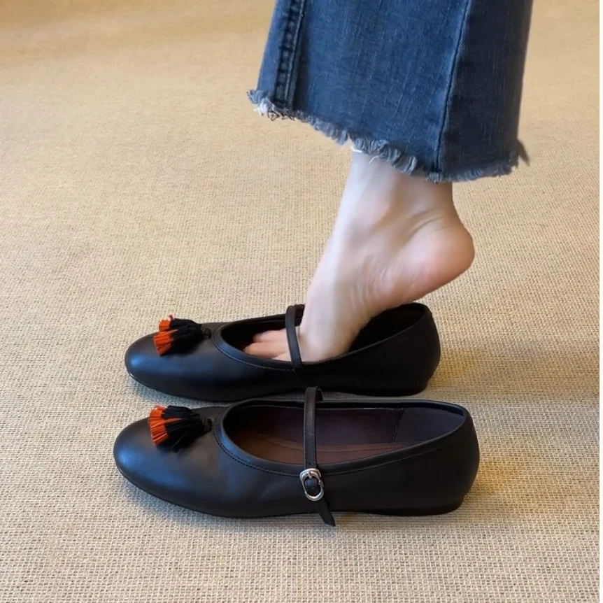 羊皮版~法式流苏复古风单鞋女2025新款平底小皮鞋一字扣玛丽珍鞋