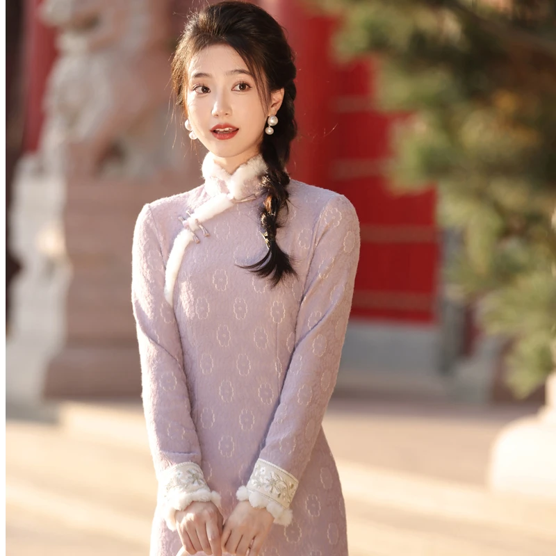 拾忆旗袍{芳泽}蕾丝气质少女长款加厚秋冬