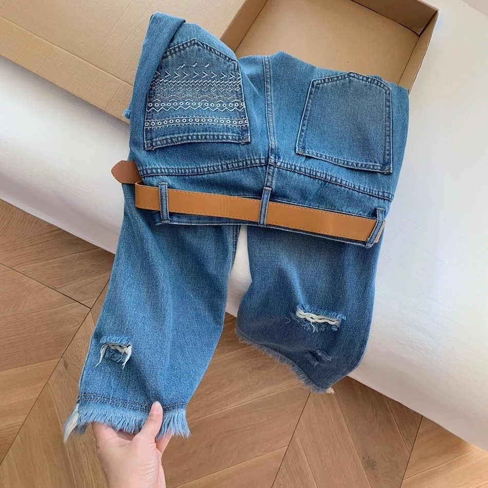 破洞毛边刺绣直筒牛仔裤女夏季薄款小个子宽松显瘦高腰阔腿九分裤