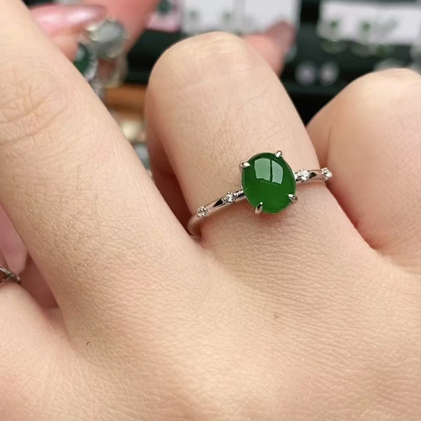 鑫辰珠宝天然A货翡翠银镶嵌设计款开口女戒指时尚百搭