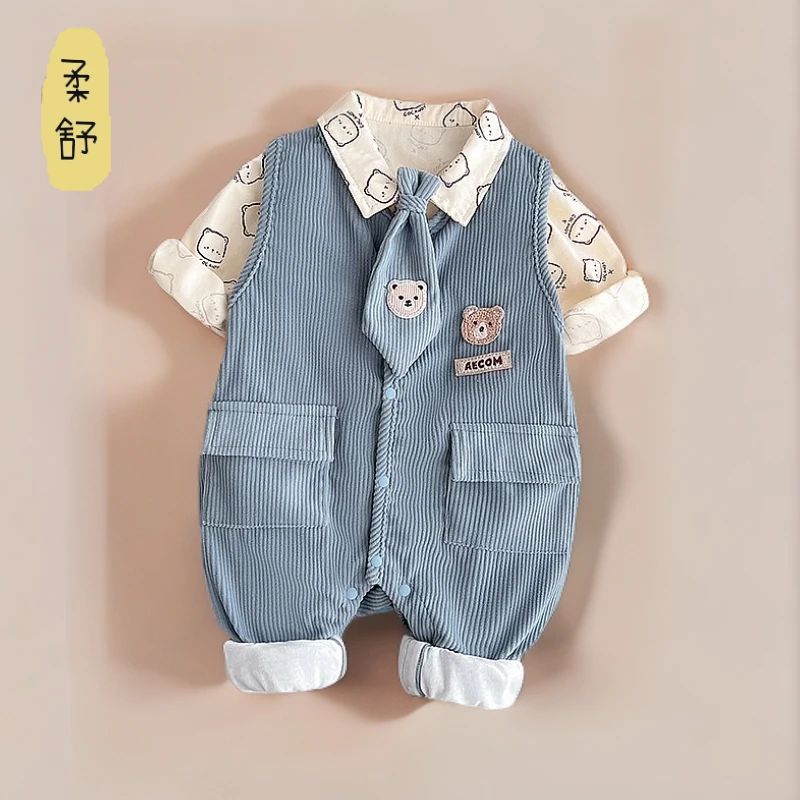 婴儿春装男宝宝衣服学院风背带裤套装春秋连体衣外出哈衣外套春季