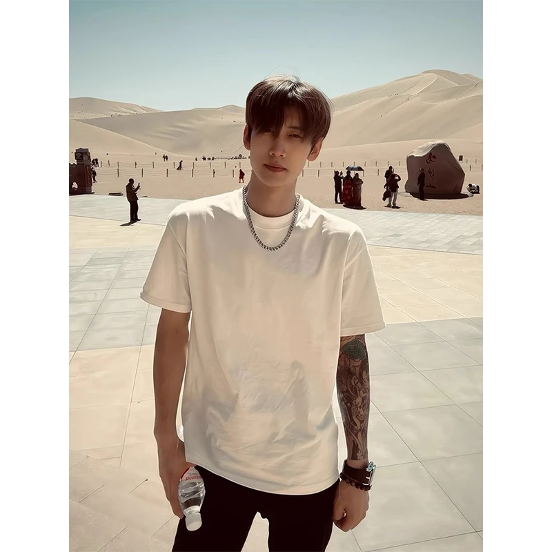 白色美式重磅短袖男款夏季cleanfit小领口正肩t恤纯棉打底半截袖