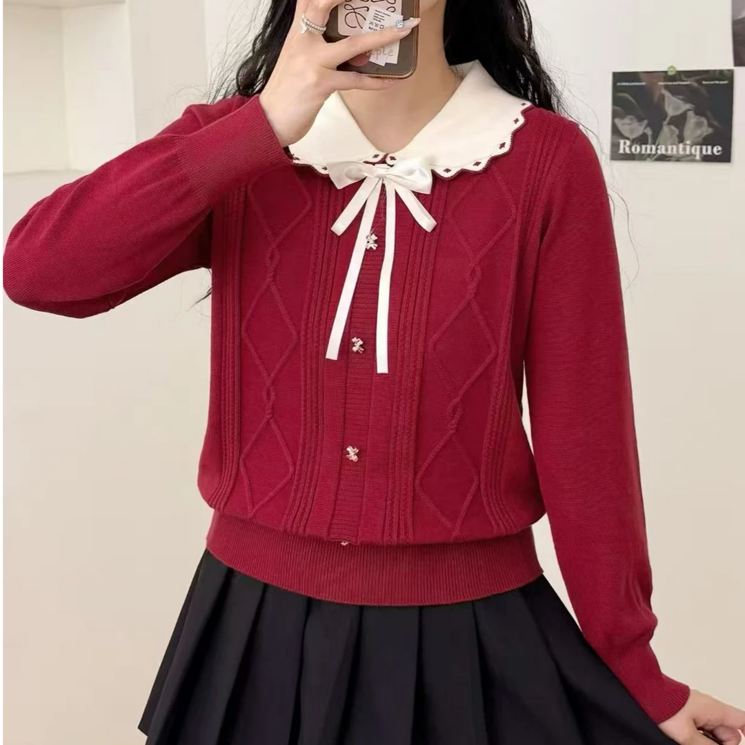 自留款推荐~小香风娃娃领蝴蝶结针织衫女秋冬新款温柔风减龄毛衣