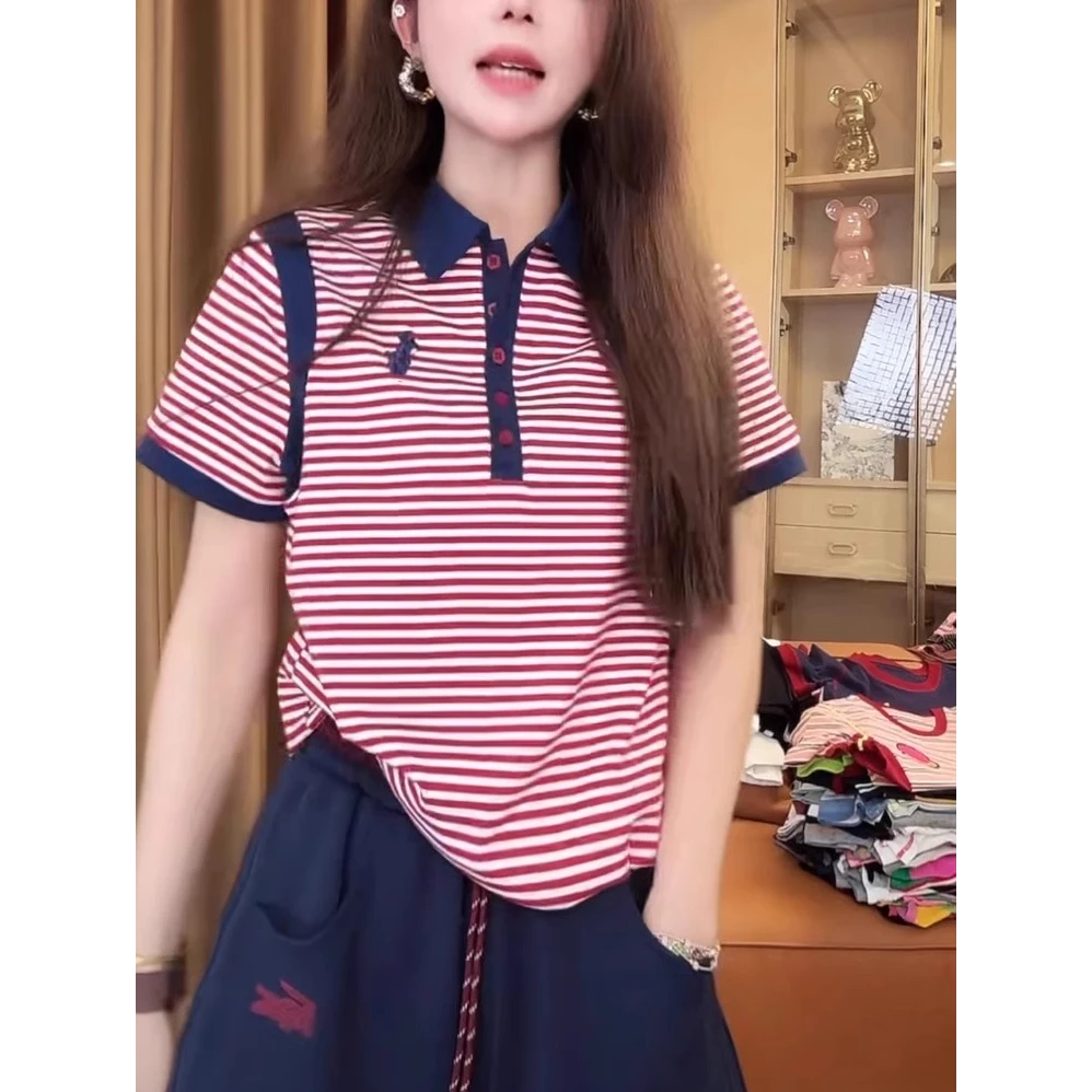 芯娇晴小马刺绣翻领正肩短袖T恤女装2025夏季新款休闲POLO衫上衣